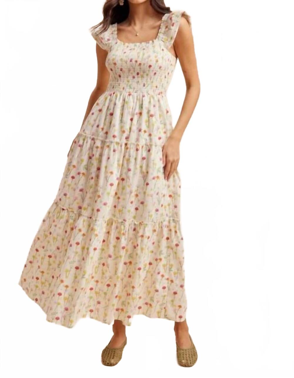 NEW IN-LOOM smocked floral maxi dress in beige
